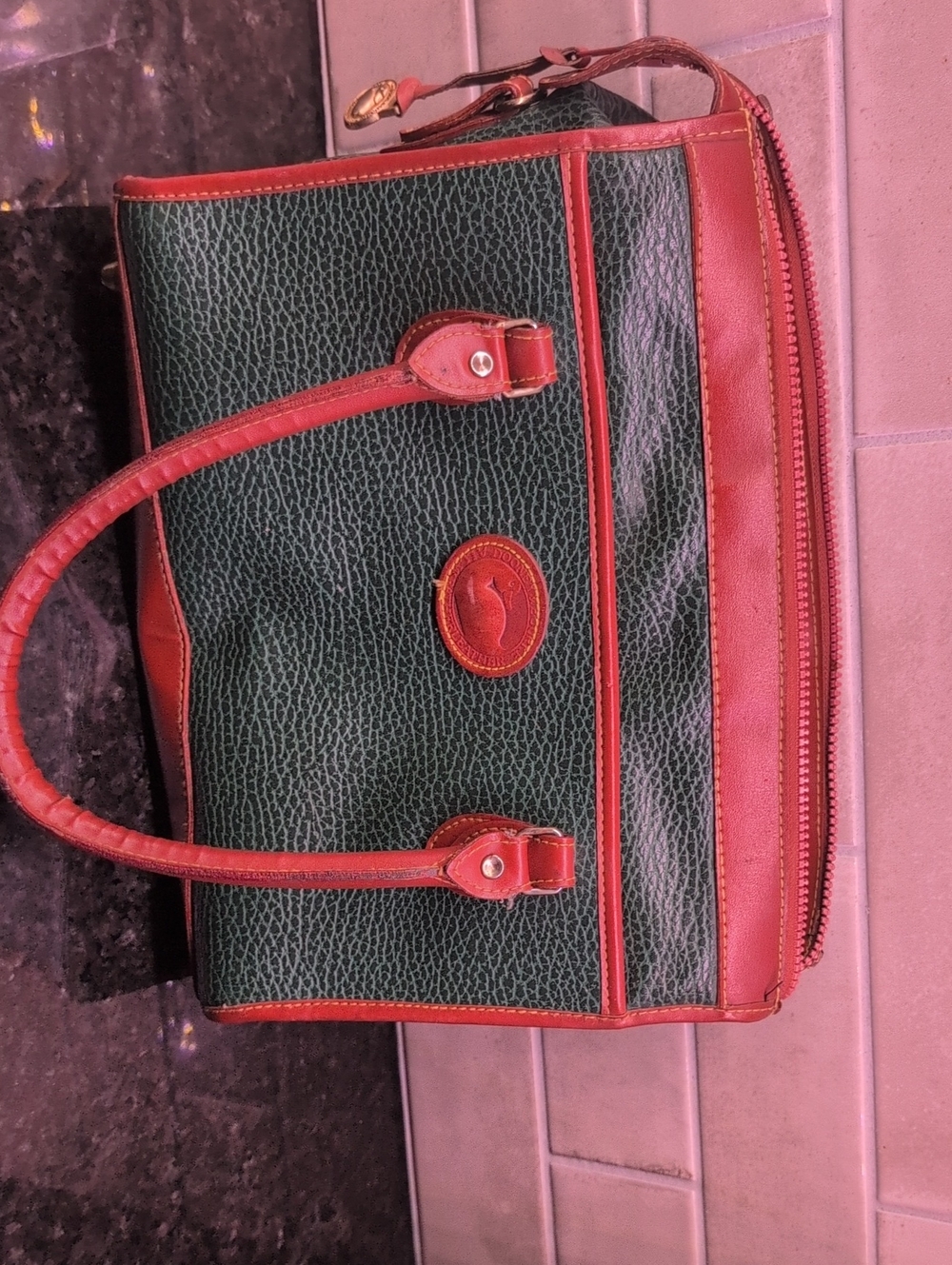 Dooney & Bourke Green Pebbled Leather Tote with Brown Trim